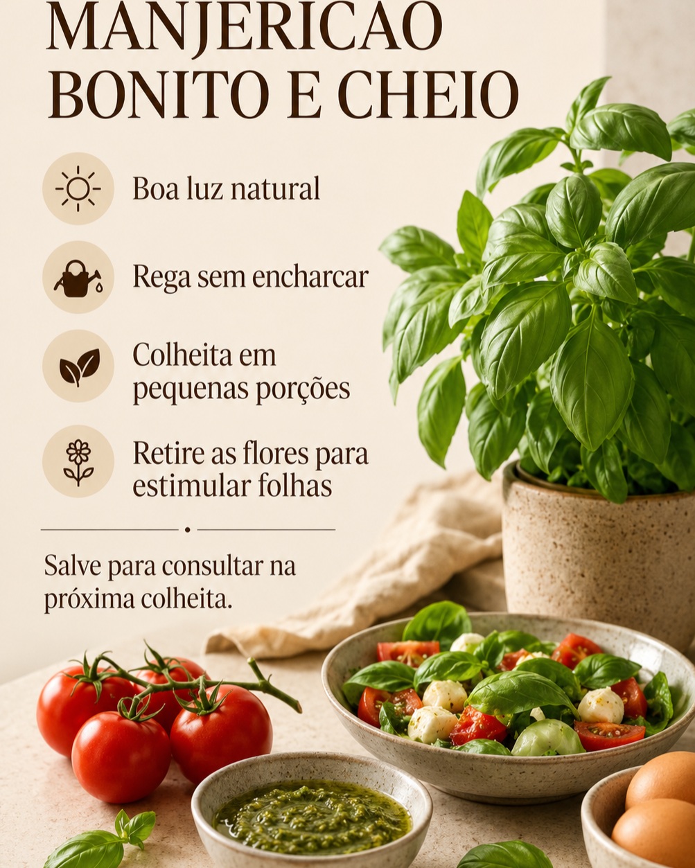 Manjericão saudável ao lado de tomates, salada e molho pesto