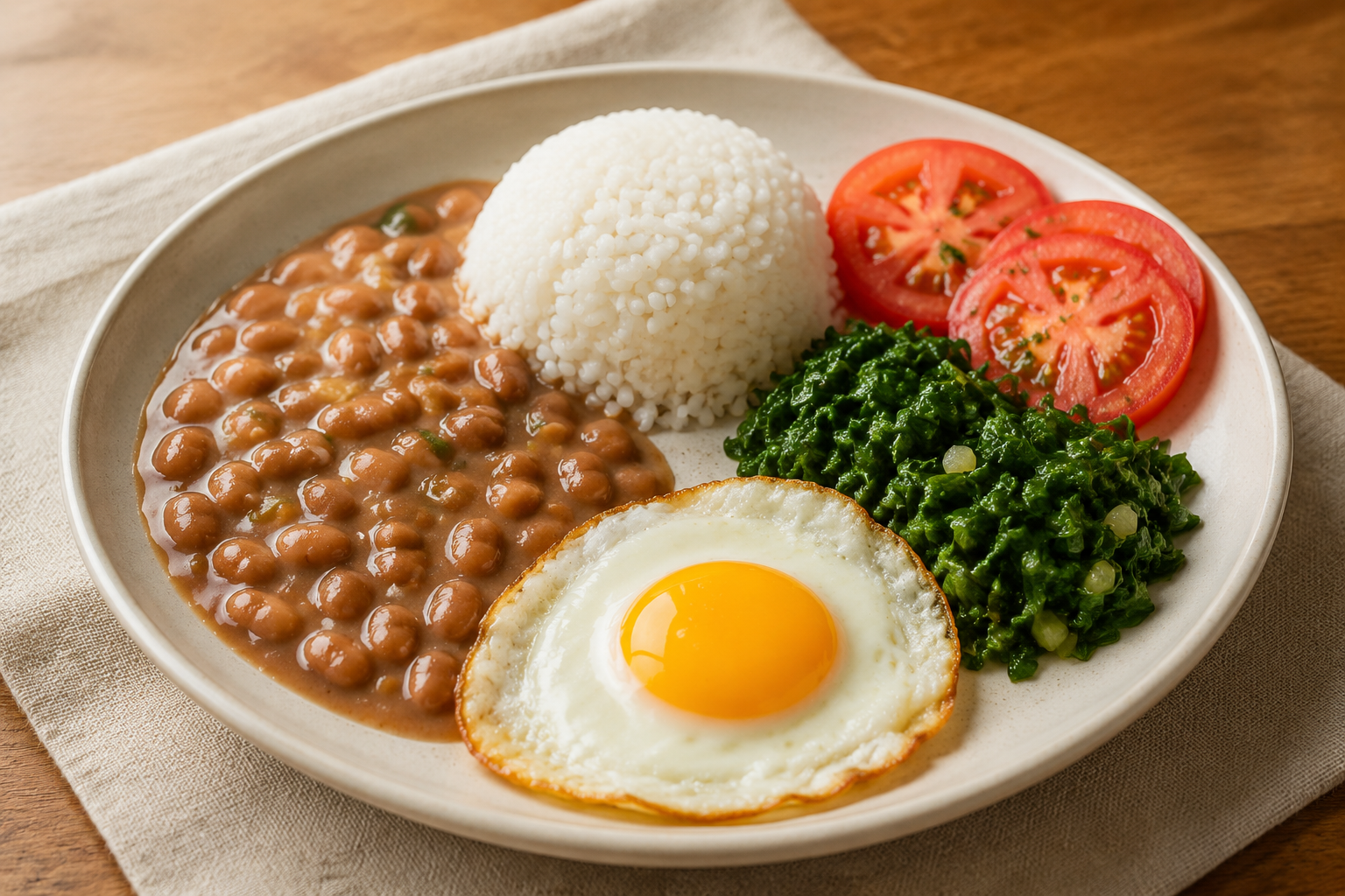 Prato caseiro bem arrumado com arroz, feijão, ovo, couve e tomate