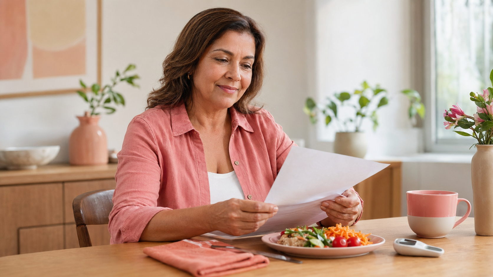Mulher de meia-idade observa resultados de exames ao lado de uma refeição equilibrada