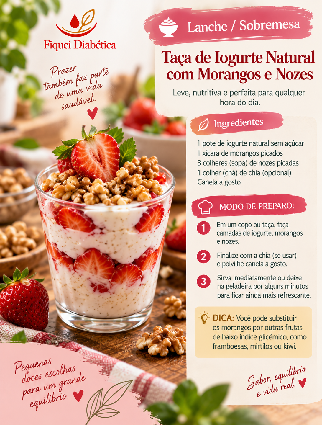 Taça de iogurte natural com morangos, nozes e chia