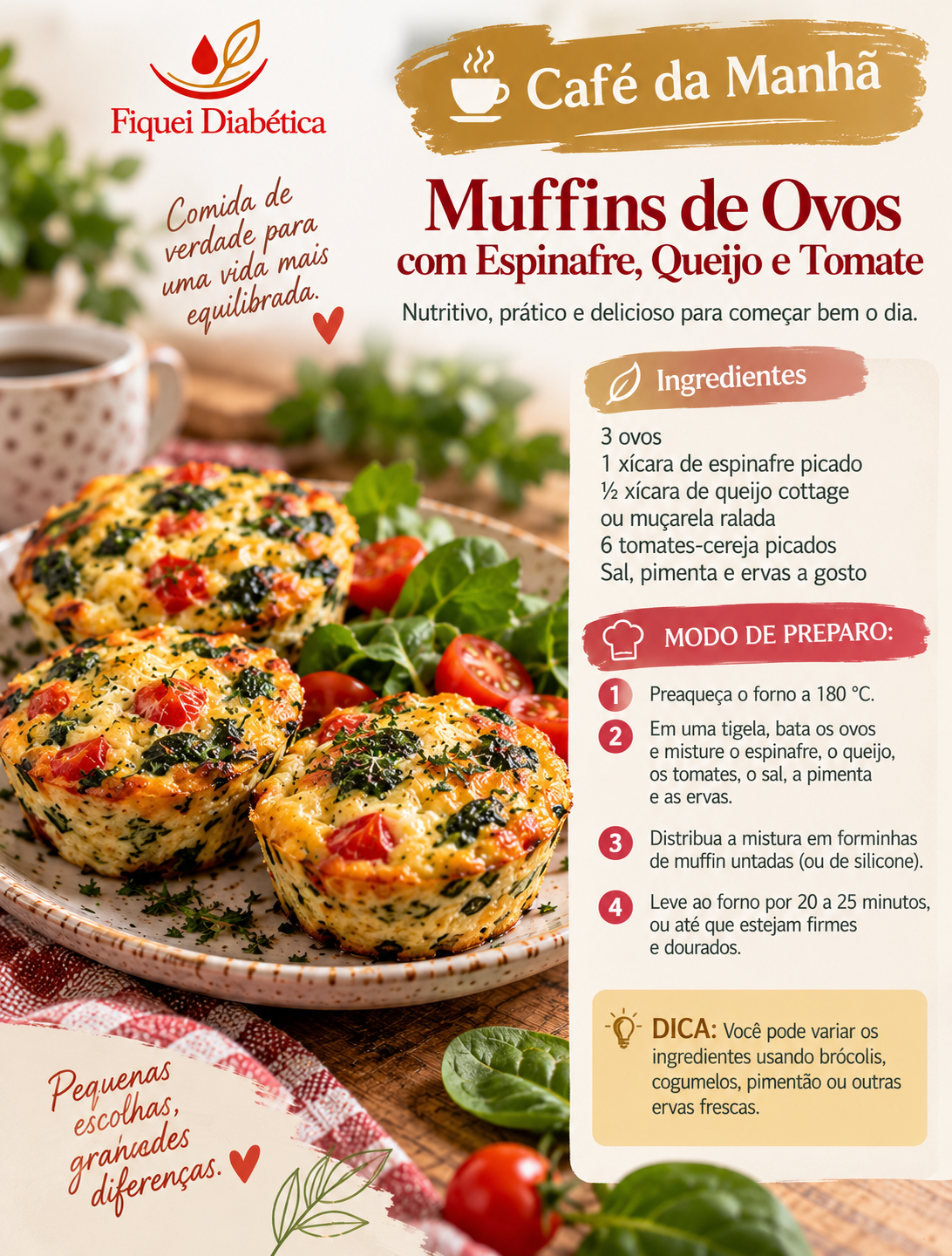 Muffins de ovos com espinafre, queijo e tomate-cereja