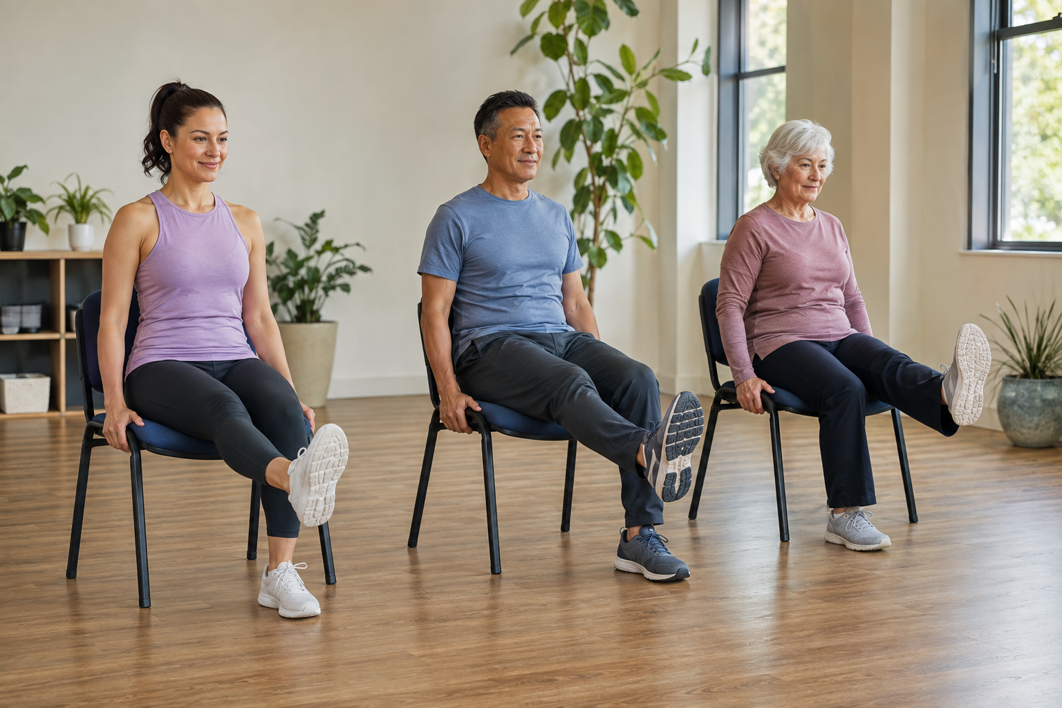 Adultos de diferentes idades fazendo exercícios sentados em cadeiras
