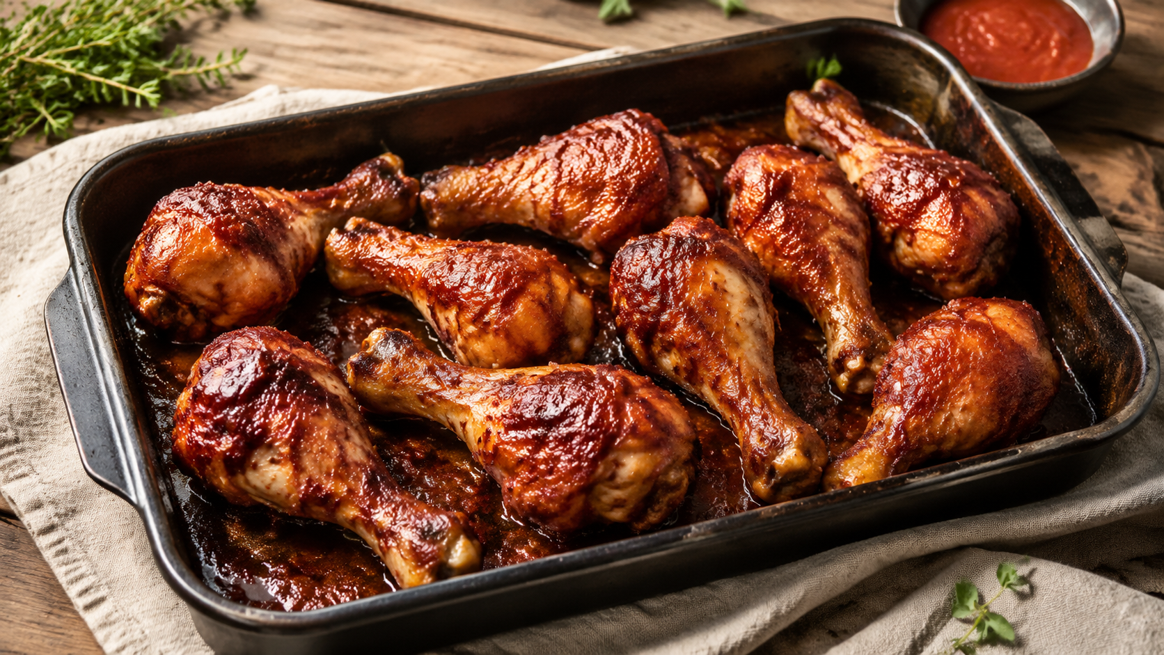 Coxas de frango assadas, douradas e cobertas com molho barbecue caseiro