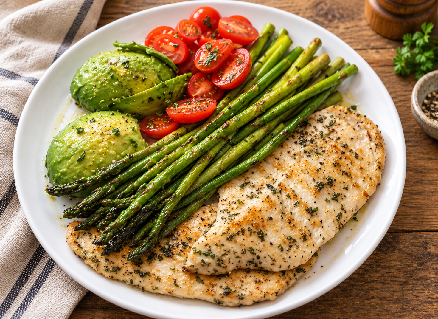 Frango grelhado com aspargos, abacate e tomates-cereja em prato branco