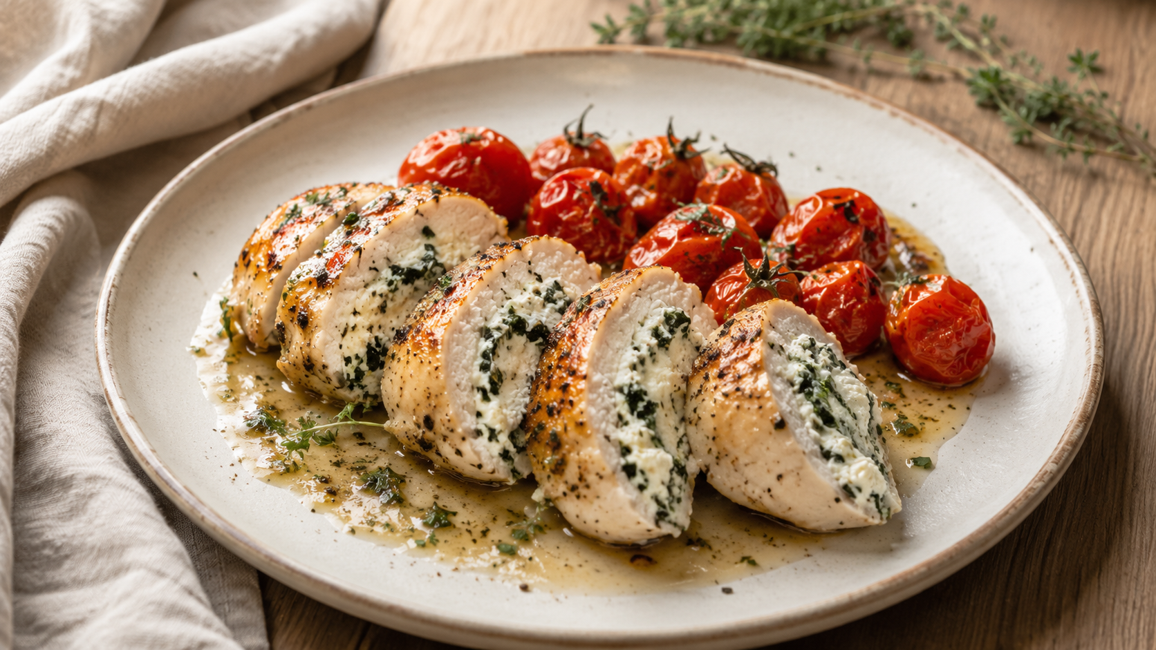 Peito de frango fatiado e suculento, recheado com ricota e espinafre, acompanhado por tomates assados