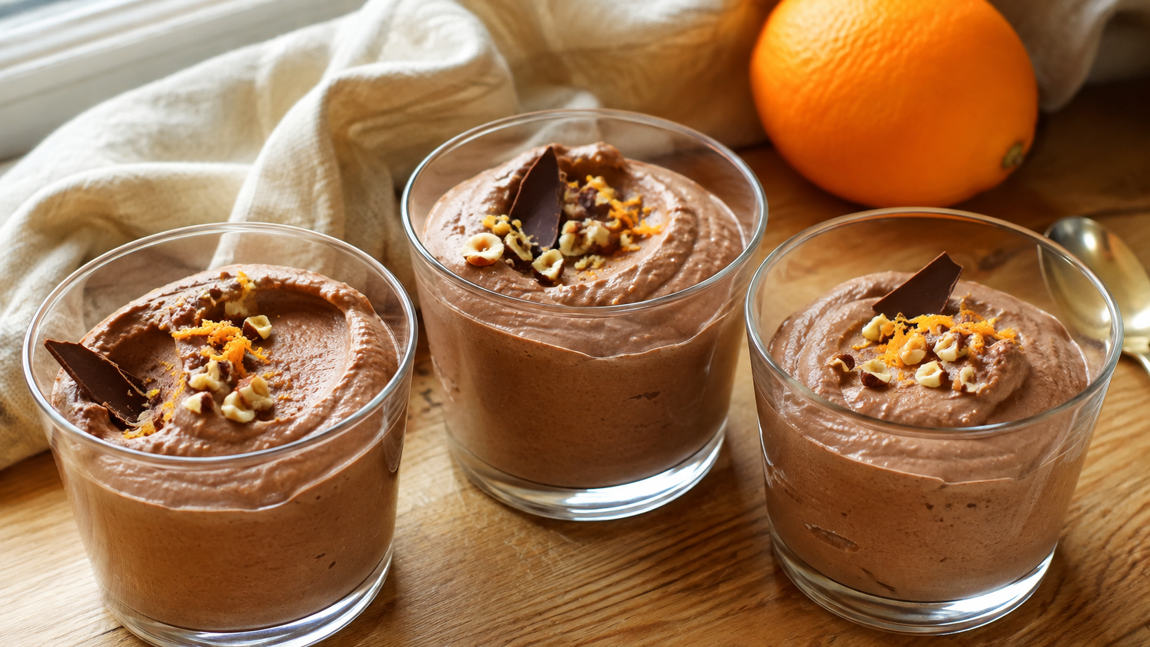 Três taças de mousse proteica de chocolate com raspas de laranja, avelãs e pequenas lascas de chocolate