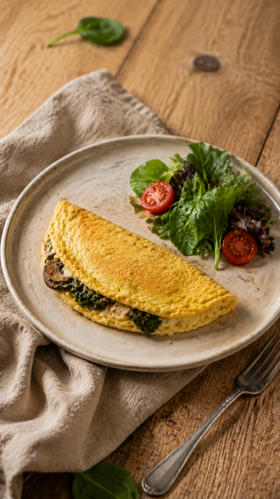Omelete com cogumelos e espinafre como exemplo de refeição proteica