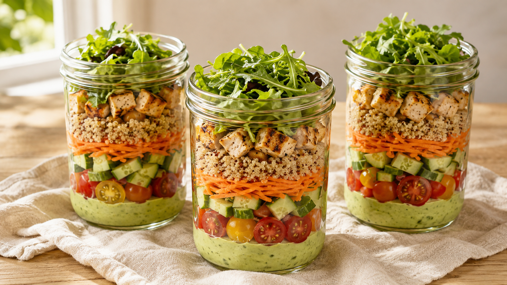 Três potes de vidro com camadas de molho de abacate, tomate, pepino, cenoura, quinoa, frango grelhado e folhas verdes