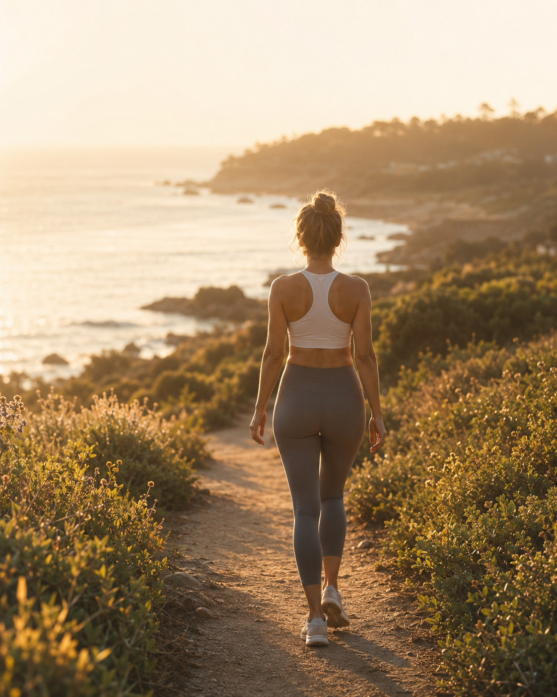 Mulher vista de costas caminhando em uma trilha costeira ao pôr do sol
